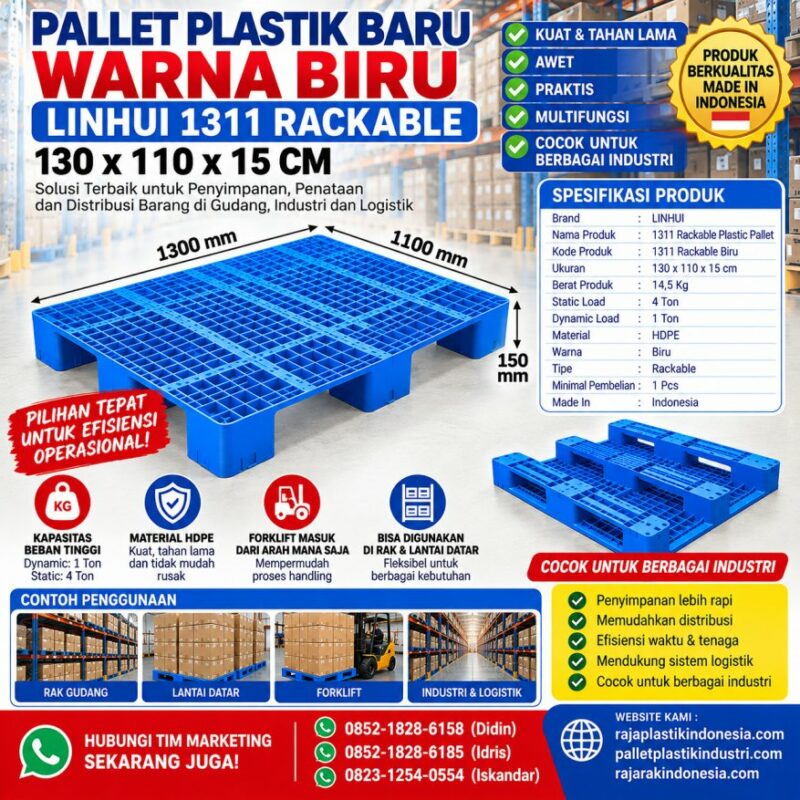 PALLET PLASTIK BARU WARNA BIRU LINHUI 1311 RACKABLE 130x110x15 CM PALLET PLASTIK BARU WARNA BIRU LINHUI 1311 RACKABLE 130x110x15 CM untuk Kebutuhan Industri dan Gudang