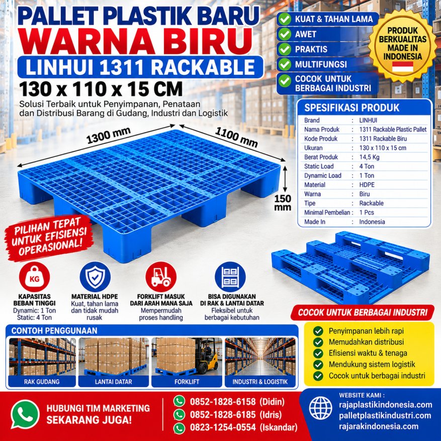 PALLET PLASTIK BARU WARNA BIRU LINHUI 1311 RACKABLE 130x110x15 CM untuk Kebutuhan Industri dan Gudang
