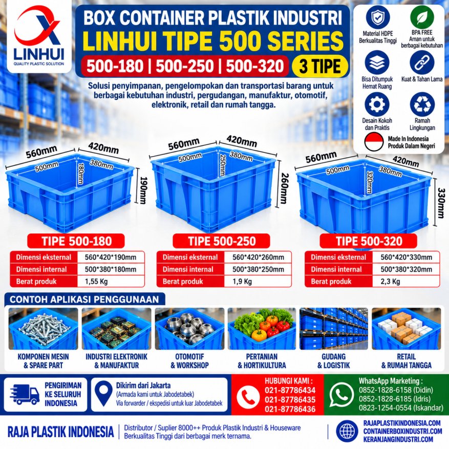 BOX CONTAINER PLASTIK INDUSTRI LINHUI TIPE 500-180, 500-250, 500-320 (3 TIPE) | RAJA PLASTIK INDONESIA