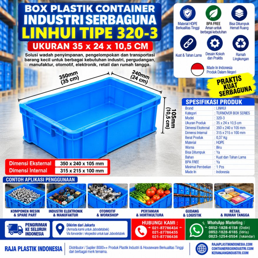 BOX PLASTIK CONTAINER INDUSTRI SERBAGUNA LINHUI TIPE 320-3 UKURAN 35x24x10,5 CM | RAJA PLASTIK INDONESIA