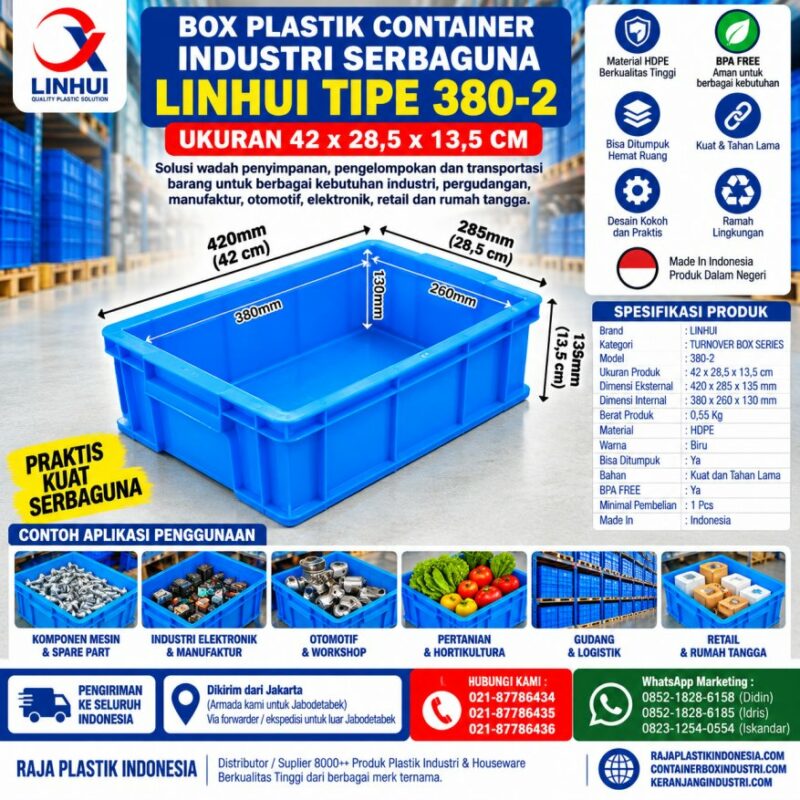 BOX PLASTIK CONTAINER INDUSTRI SERBAGUNA LINHUI TIPE 380-2 UKURAN 42x28,5x13,5 CM | RAJA PLASTIK INDONESIA
