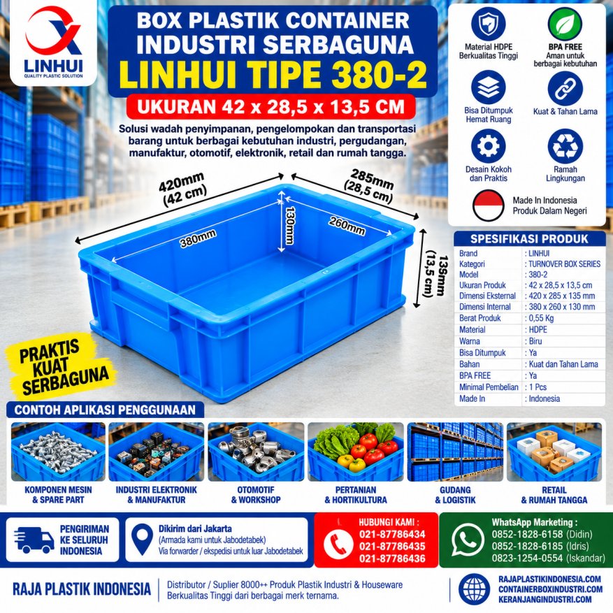 BOX PLASTIK CONTAINER INDUSTRI SERBAGUNA LINHUI TIPE 380-2 UKURAN 42x28,5x13,5 CM | RAJA PLASTIK INDONESIA