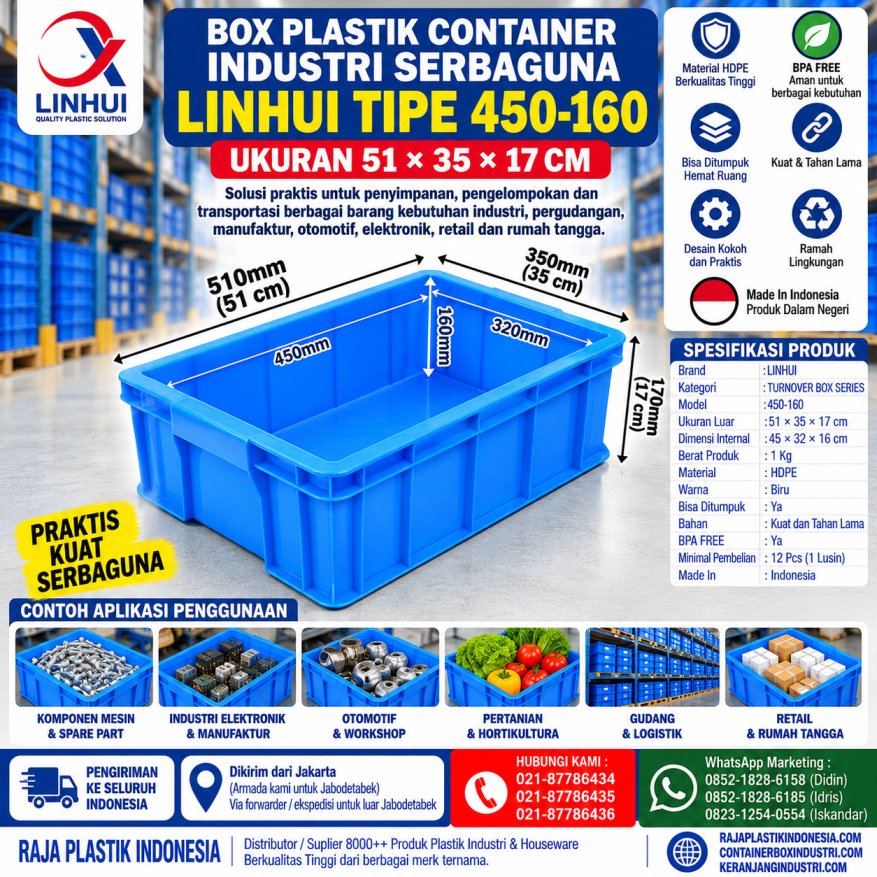 BOX PLASTIK CONTAINER INDUSTRI SERBAGUNA LINHUI TIPE 450-160 UKURAN 51×35×17 CM | RAJA PLASTIK INDONESIA