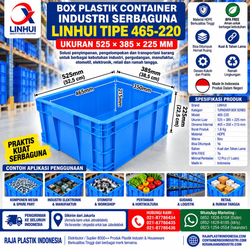 BOX PLASTIK CONTAINER INDUSTRI SERBAGUNA LINHUI TIPE 465-220 UKURAN 525×385×225 MM | RAJA PLASTIK INDONESIA