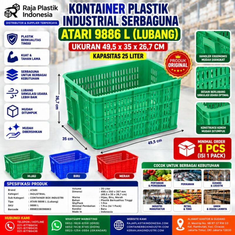 KONTAINER PLASTIK INDUSTRIAL SERBAGUNA ATARI 9886 L (LUBANG) UKURAN 49,5 x 35 x 26,7 CM: Solusi Penyimpanan dan Distribusi untuk Berbagai Kebutuhan Industri