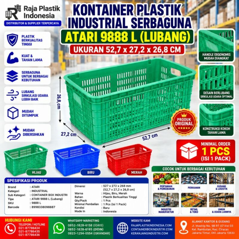 KONTAINER PLASTIK INDUSTRIAL SERBAGUNA ATARI 9888 L (LUBANG) UKURAN 52,7 x 27,2 x 26,8 CM: Solusi Container Plastik Industrial untuk Penyimpanan, Handling, Sortir, dan Distribusi Barang