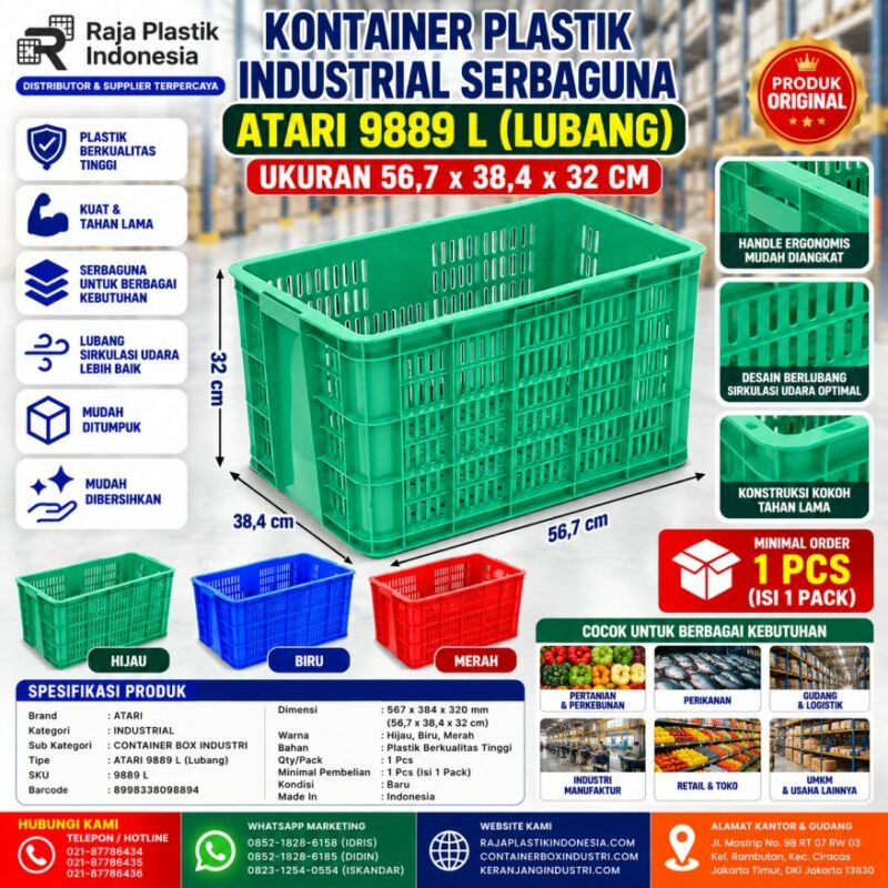 Kontainer Plastik Industrial Serbaguna ATARI 9889 L (2) KONTAINER PLASTIK INDUSTRIAL SERBAGUNA ATARI 9889 L (LUBANG) UKURAN 56,7 x 38,4 x 32 CM | RAJA PLASTIK INDONESIA
