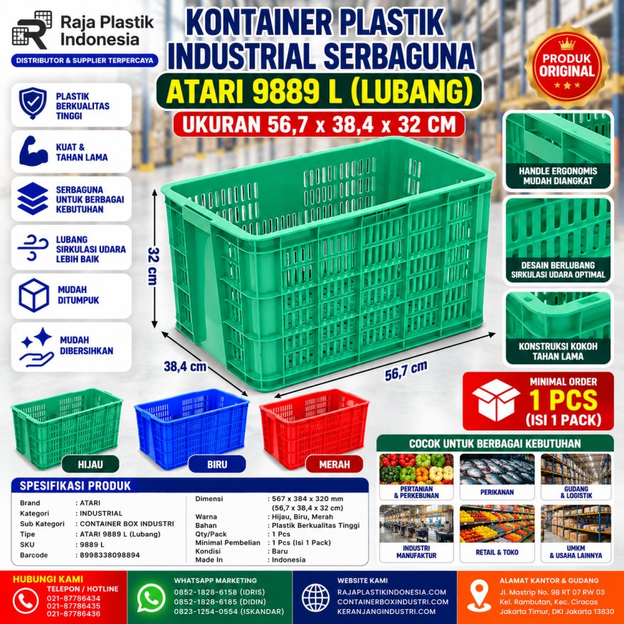 KONTAINER PLASTIK INDUSTRIAL SERBAGUNA ATARI 9889 L (LUBANG) UKURAN 56,7 x 38,4 x 32 CM | RAJA PLASTIK INDONESIA